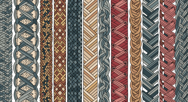 Variety of seamless braided patterns and textures in different styles and colors, resembling hair, rope, or intricately woven fabric strands.