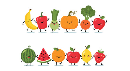 Fototapeta premium Group of cheerful and cute fruit and vegetable cartoon characters with smiling faces, waving their hands and dancing together joyfully.