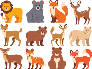 Fototapeta premium Cute woodland animal collection, cartoon forest wildlife characters vector illustration set for children education design