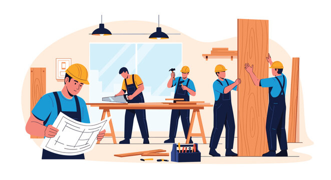 Skilled carpenters working together in a wood workshop, sawing, hammering, and measuring timber boards for diverse construction projects.