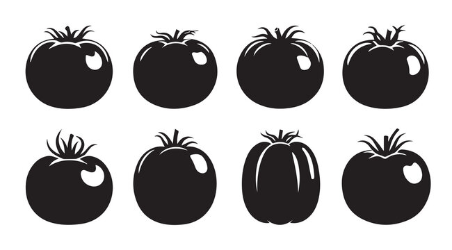 Eight monochrome tomato silhouettes against a white background with subtle variations in shape