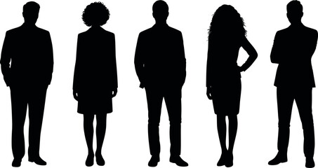 Professional corporate business people team standing together in a line row full body group black silhouette vector illustration isolated © BIPUL