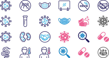 Fototapeta premium Health and hygiene icon illustration collection featuring virus prevention, masks, handwashing, medicine, safety symbols, and public wellness concepts