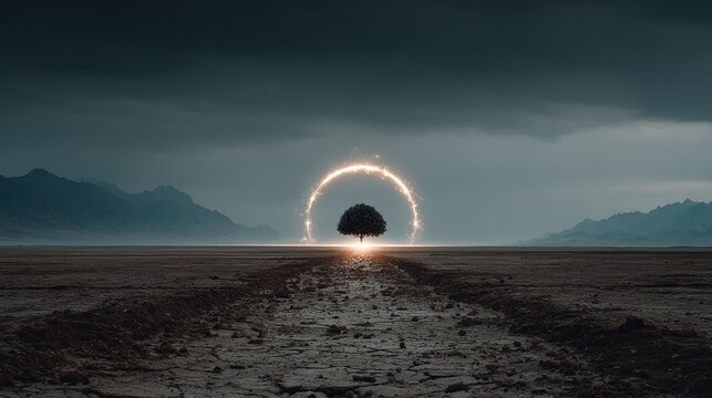 Solitary tree within a glowing ring on a barren, flat landscape