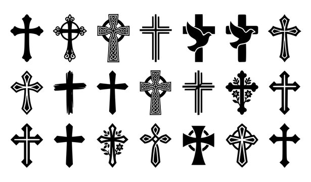 Black Christian cross silhouette collection vector with multiple sacred religious design styles