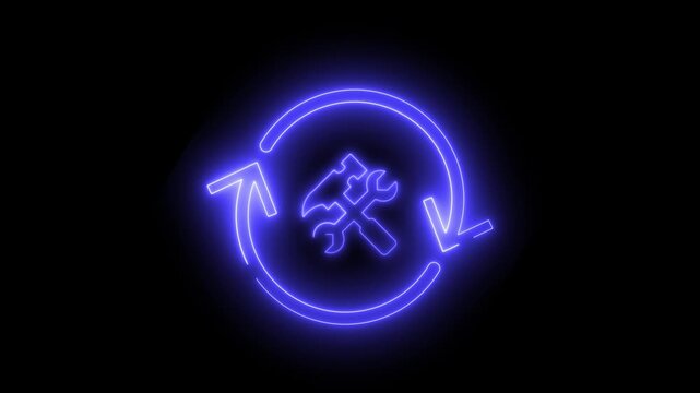 Neon light effect animation of a circular arrow and crossed wrench icon. Represents repair, maintenance, or a process cycle. Ideal for the technology, engineering, or service sectors.