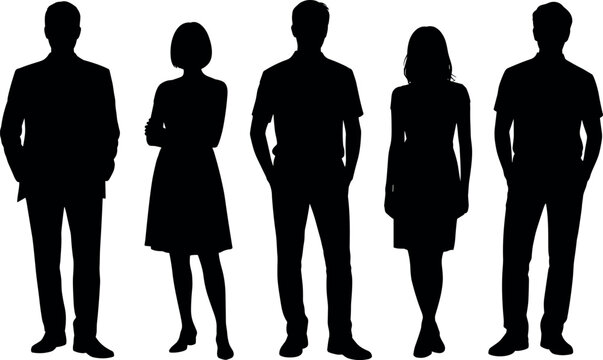 Professional business people silhouettes standing together as diverse corporate team group vector illustration for office employment human resources concept