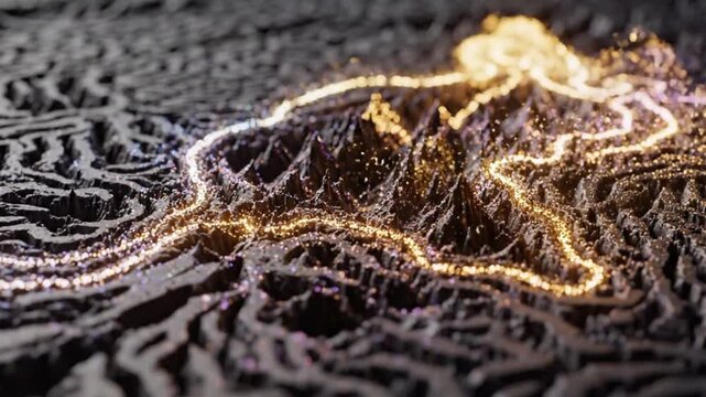 Abstract glowing topographic map highlighting mountain ranges with illuminated pathways and data streams