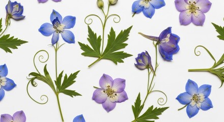 Obraz premium Beautiful Flat Lay Composition of Pressed Blue and Purple Delphinium Flowers and Green Leaves on White Background