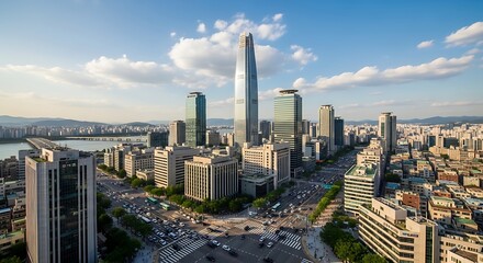 Obraz premium Modern city skyline with tall buildings and highway under blue sky