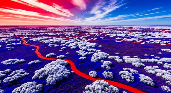 Surreal landscape with vibrant red river flowing through a blue field of white clouds under a dramatic sky.
