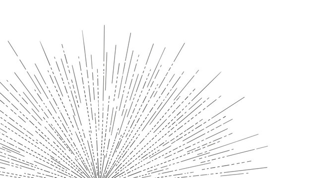 Black radial lines forming a sunburst or light ray effect emanating from a single focal point on a white background for graphic design.