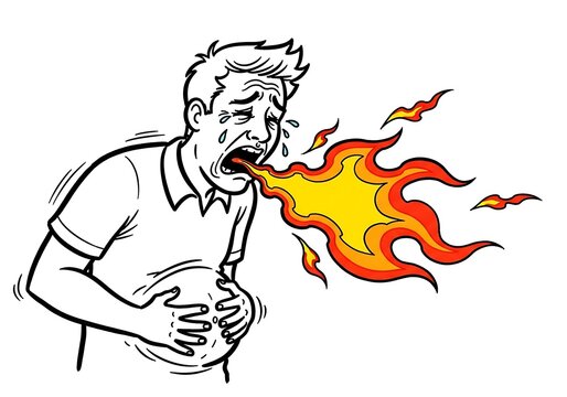 Man experiencing heartburn with fire graphic from mouth illustration