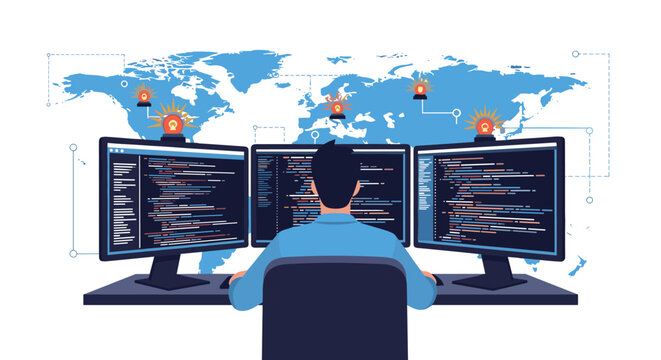 Software developer working at a multi-monitor workstation with code lines against a global digital world map for a technology concept.