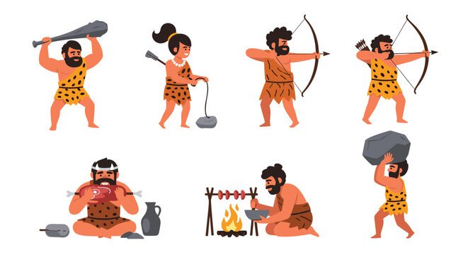 Set of illustrations depicting prehistoric cavemen hunting with bows, making fire, and eating meat in a stone age lifestyle concept.