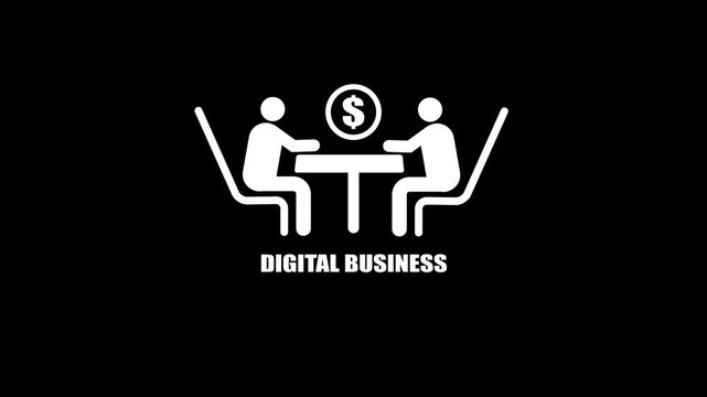 Animated digital business concept: laptop users negotiating over table with money and clock