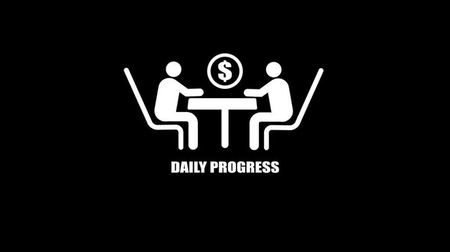 Animated business meeting with laptops and dollar sign, daily progress tracking on green and black backgrounds