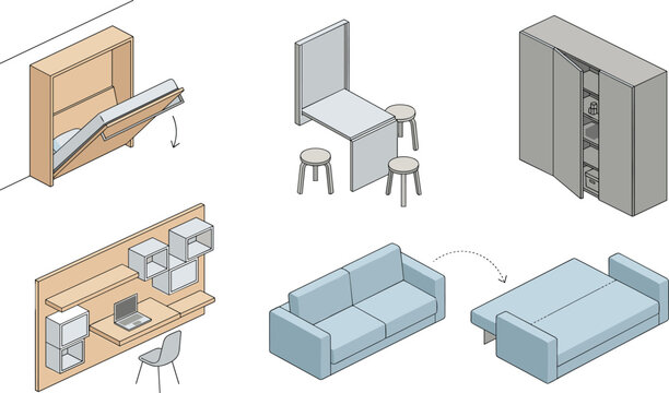 Space Saving Multifunctional Furniture Collection with Foldable Bed Convertible Sofa Hidden Storage and Wall Mounted Workspace
