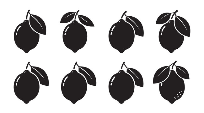 Eight stylized black lemon silhouettes with leaves on a white background in a clean graphic design style