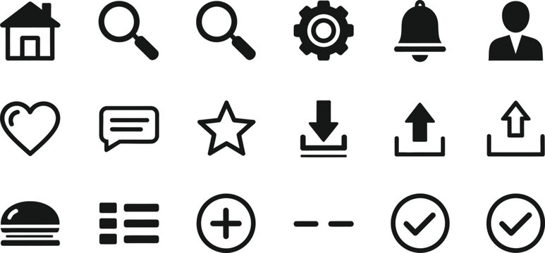 Black glyph icon set for user interface design website navigation and mobile applications