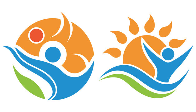 Abstract human wellness logos with sun and wave shapes.
