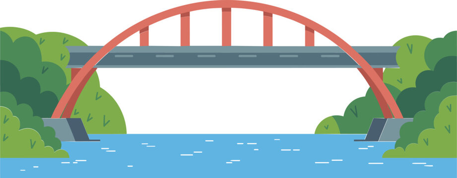 Scenic arch bridge landscape, modern river crossing structure vector illustration for urban transportation design background