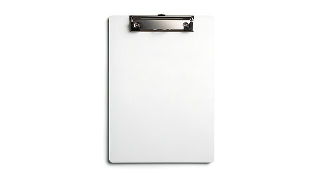 A blank white clipboard with a metal clip sits centered against a clean white background.