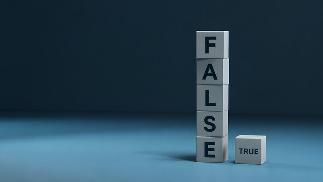 False and True text on wooden blocks for business decision making fact checking transparency ethics legal compliance concept fake news disinformation misinformation truth verification honesty