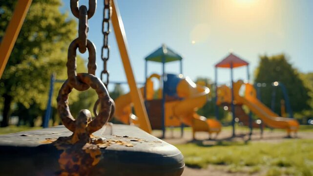 Close-up of a rusty swing chain and seat with a blurry playground background