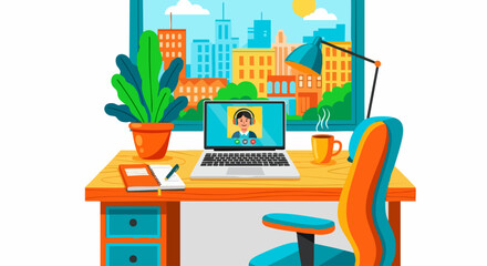 Naklejka premium Home office workspace with laptop and city view.