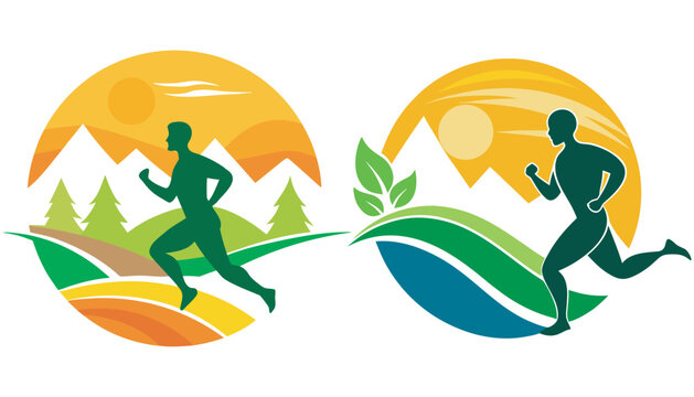 Mountain runner silhouette with sunset and nature scene.