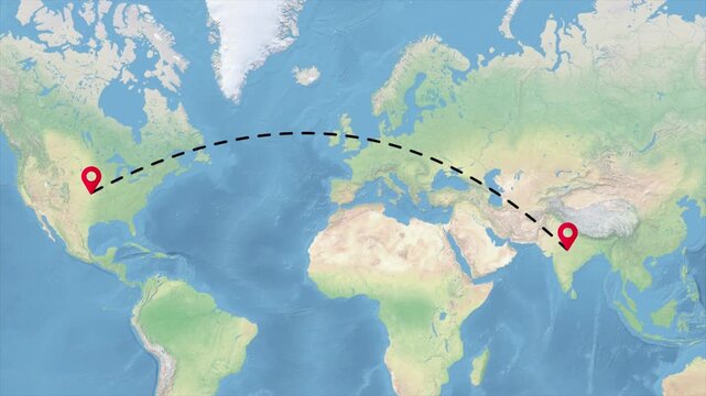 india usa route animation, international travel connection, global flight path, world map navigation, geographic route visualization