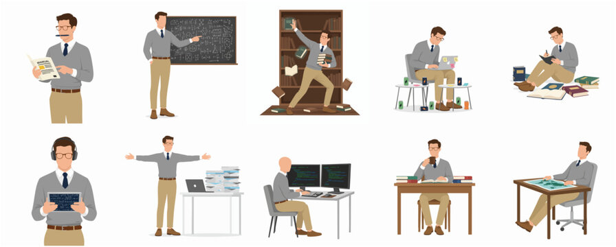 Flat illustration set of a professional man or student in various activities like teaching, coding, studying, and working under pressure