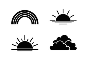 Obraz premium Essential collection of simple weather icons featuring a radiant sun, graceful rainbow, and fluffy clouds, perfect for clean UI/UX designs and modern digital applications