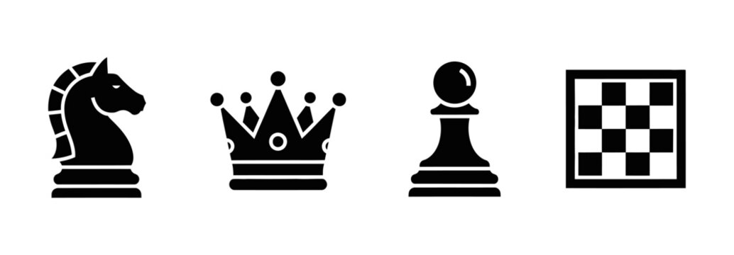 Set of chess pieces icons including a horse, crown, pawn, and chessboard in a black and white illustration