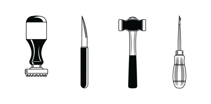 An essential illustrated collection of classic manual hand tools for diverse crafting projects, featuring a swivel knife, utility blade, mallet, and awl for artisans