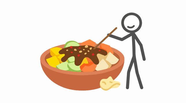 Stick Figure Eating Fresh Fruit Salad with Peanut Sauce