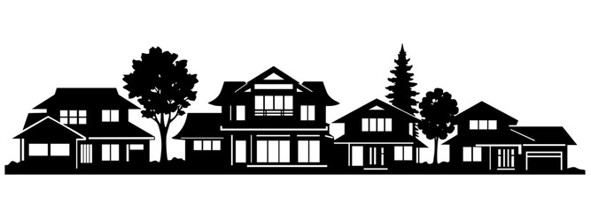 Naklejka premium Silhouette of American suburban street with houses and trees, symbolizing residential diversity, community living, and architectural variety.