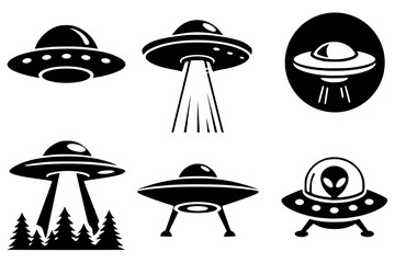 Vector icon set featuring various UFO flying saucer designs, including spaceships emitting light beams over pine trees, landed crafts, and an alien pilot, with clean high-contrast lines  © Suriya