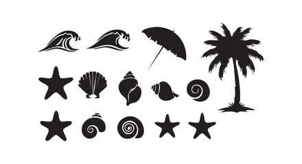 Obraz premium Beach themed black silhouettes set isolated on white background featuring palm tree, waves, and seashells.