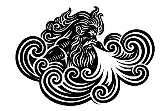 Silhouette of mythological wind god with flowing hair and beard blowing gusts, symbolizing Aeolus, Boreas, and natural elemental power.