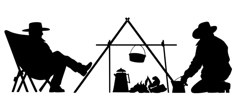 Silhouette of two cowboys at campfire with tripod pot, symbolizing Western lifestyle, outdoor tradition, and rustic companionship.