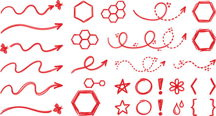 Red line pen highlight annotation set hand drawn marker stroke beehive pathway arrow honeycomb focus frame pollen route nectar collection symbol © ArtFlex