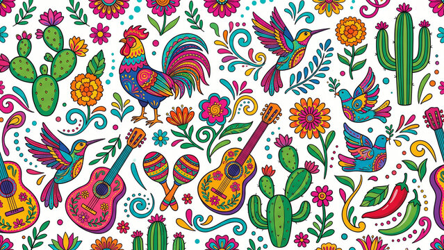 Mexican Folk Floral Seamless Pattern with Rooster Hummingbird Cactus Guitar and Chili