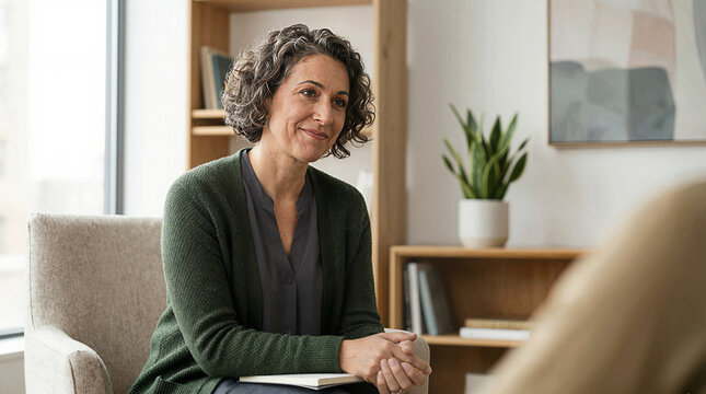 Smiling female therapist listening to her patient during a counseling session