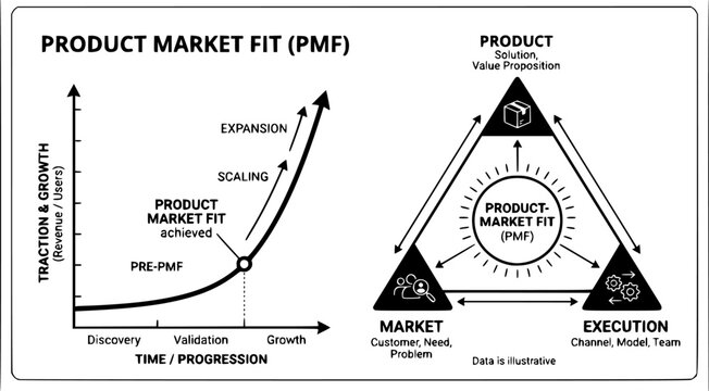 Product Market Fit PMF graph curve chart business concept with triangle labeled on white background
