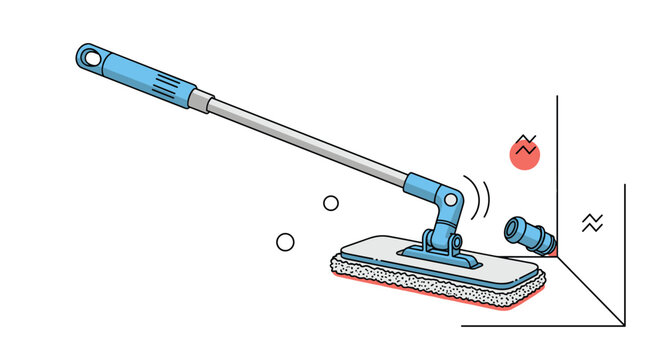 Blue flat mop cleaning the base of a wall corner with a textured white pad and long silver handle shown in action.