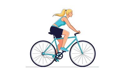 Fototapeta premium Vector illustration of a woman with blonde hair riding a blue bicycle outdoors while wearing athletic clothing.