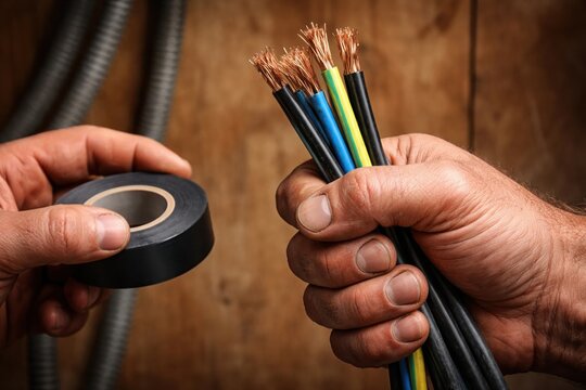 Close-up of a worker's dirty hands holding stripped electrical wires and a roll of black electrical tape