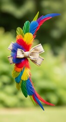 Obraz premium Vibrant Rainbow Feather Decoration with Beige Ribbon Bow.